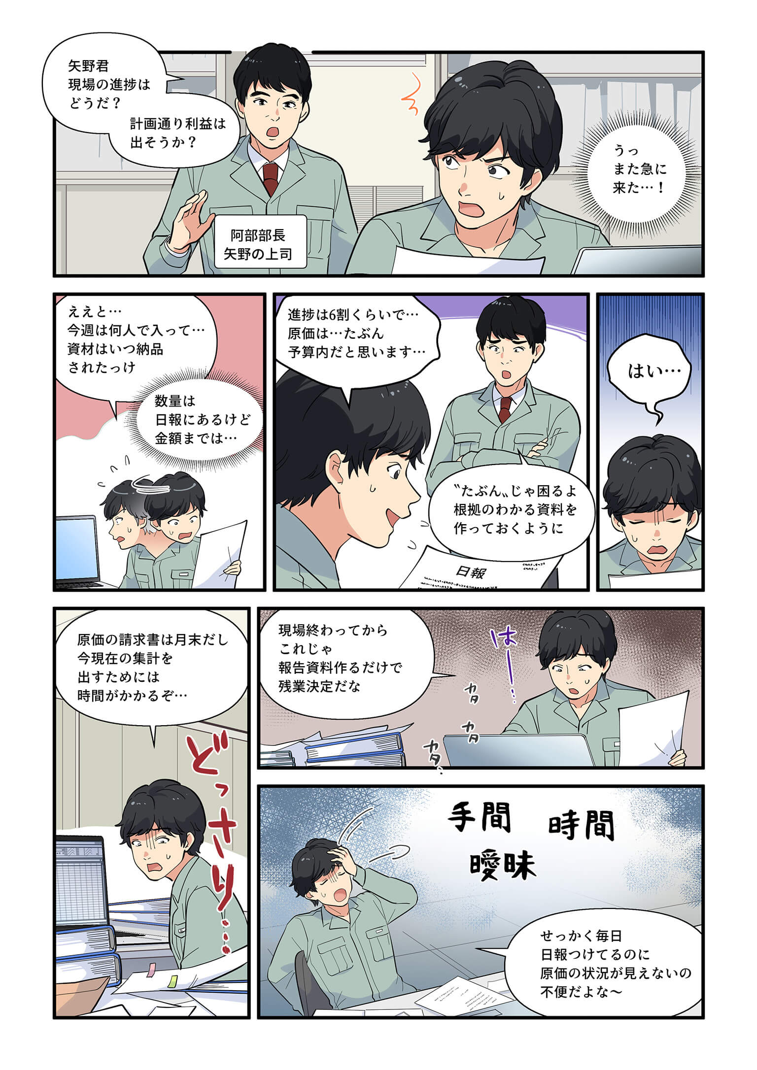 建設現場の進捗管理と原価把握に課題を感じる現場代理人。日報を活用しているがリアルタイム集計が難しく残業が増加。